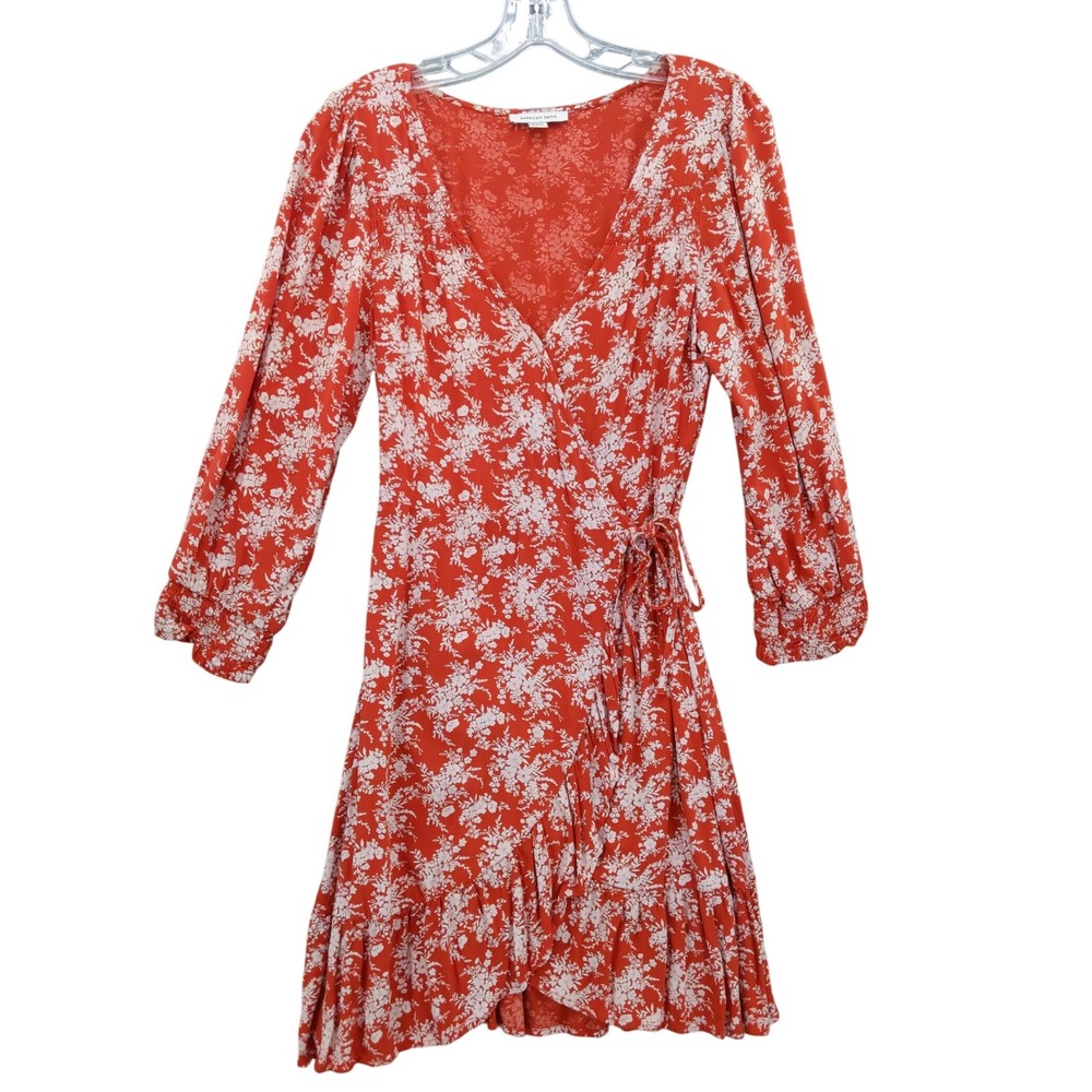 American Eagle Floral Wrap Dress Long Sleeve Ruffle Hem Smocked Detail Sz M